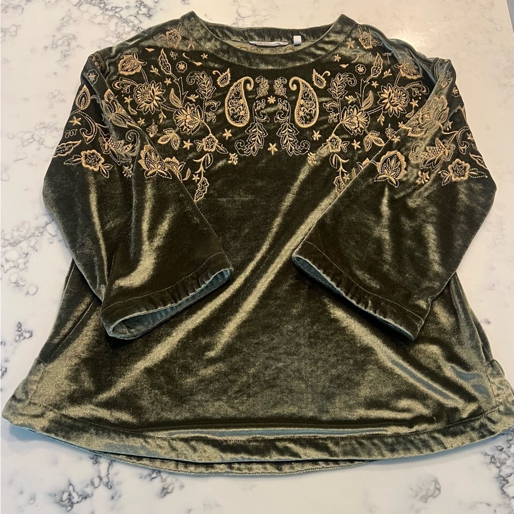 Soft Surroundings Tunic Top Green Velvet Floral Paisley Embroidery PXS Helena